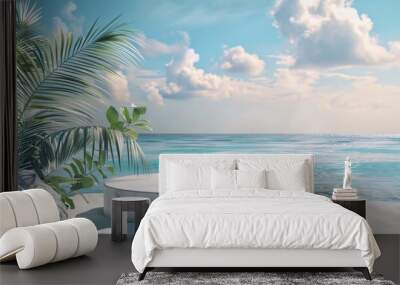 beach podium concept, Summer sand and tropical sea background with abstract stone podium, empty podium stages for new product presentation, ai generative Wall mural