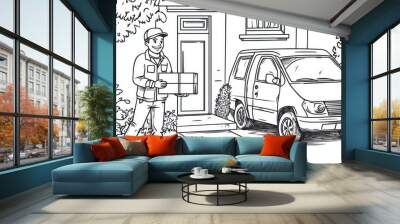 Delivery Man with Packages at a House Wall mural