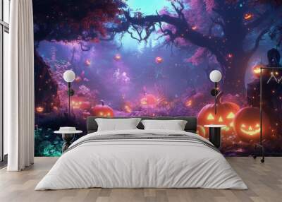 Enchanted Halloween Forest with Glowing Pumpkins Wall mural