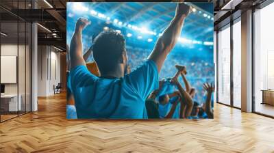 group of Sky Blue football team fans cheer and celebrating a winning tournament or winning league in stadium. the fans wearing sky blue shirt . Generative AI Wall mural