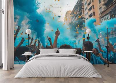 group of Sky Blue football team fans cheer and celebrating a winning tournament or winning league in street. the fans wearing sky blue shirt . Generative AI Wall mural