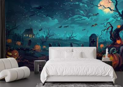 Halloween background with pumpkins and Graveyard - 3D render. Halloween background with Evil Pumpkin. Spooky scary dark Night forrest. Holiday event halloween banner background concept Wall mural