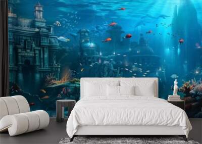 Illustrate an underwater city built within a vibrant coral reef, home to merfolk and other aquatic beings game art Wall mural