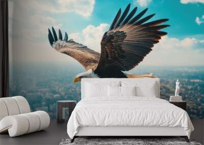 Majestic Bald Eagle Soaring Above Cityscape Wall mural