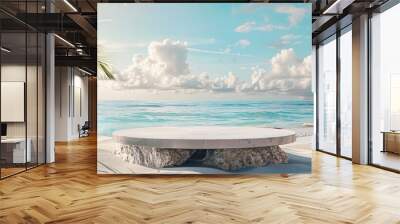 Marble podium for product display and presentation. Summer beach mockup with white sand, palm trees and ocean background - Generative AI Wall mural