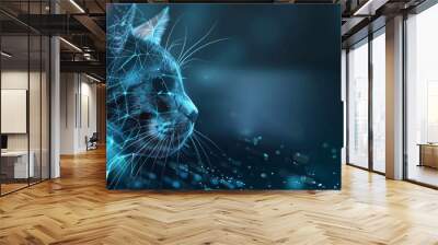 Neural network of a cat brain with big data and artificial intelligence circuit board in the head of a blue feline, outlining concepts of a digital brain, computer Generative AI stock illustration Wall mural