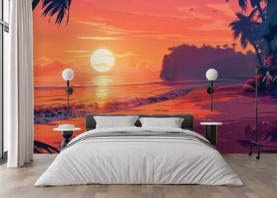 sunset at exotic tropical beach with palm trees and sea, colorful illustration in style of purple and orange nature Wall mural