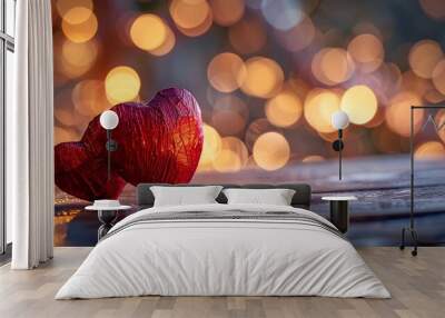 Two Red Hearts on a Wooden Surface with Warm Bokeh Lights Wall mural