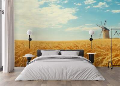 Windmill in a Golden Field under a Blue Sky Wall mural