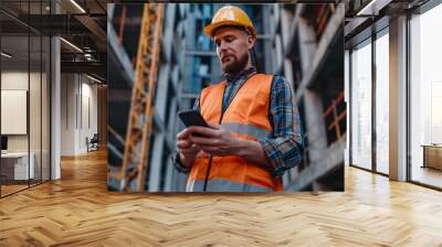 young handsome builder supervising a construction using phone Wall mural