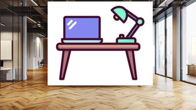 Study table icon in linear color style. Study table with laptop and study lamp Wall mural