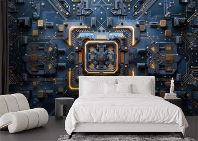 High-tech microchip with glowing circuits on a futuristic motherboard Wall mural