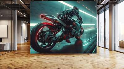 Rider on a futuristic bike racing in a glowing tunnel Wall mural