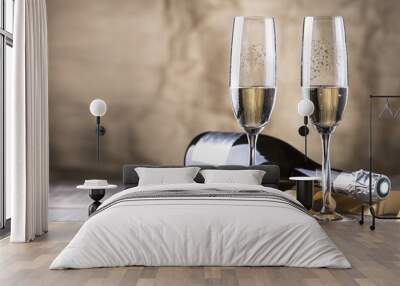 two champagne glasses and bottle,valentines day Wall mural