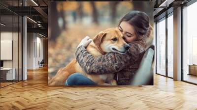 a girl hugging her dog while sitting on a park bench with flowers and cherry blossoms; the concept of spring mood Wall mural