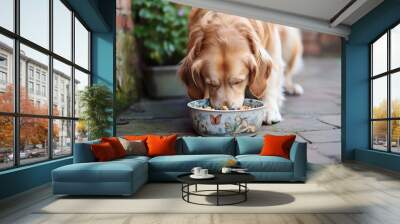 a golden retriever eating food from a bowl Wall mural