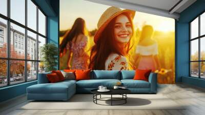 positive cheerful girl go walk with friends , picnic in the countryside; women smile and have fun outdoors during sunset or sunrise Wall mural