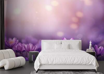 violet flower and nature spring with sunlight background Wall mural