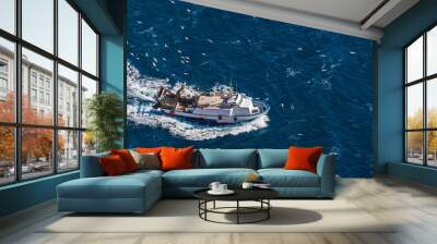 Fishing ship, surrounded by seagulls come back in the harbor of Calpe, Spain Wall mural