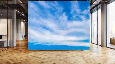 Blue sky with chemical chemtrails cumulus clouds scalar waves sky. Wall mural