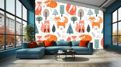 Seamless pattern with foxes and different elements. Illustration hand drawn in scandinavian style Wall mural