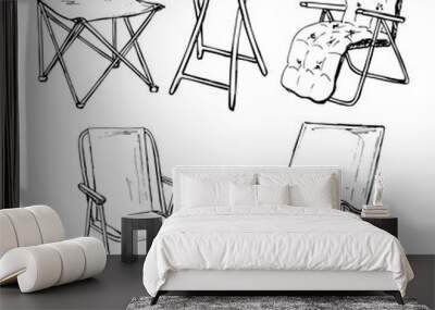 Set of folding chairs on a white background isolation. Vector illustration in a sketch style. Wall mural