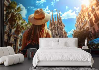 Beautiful tourist young woman walking in Barcelona city street on summer, Spain, tourism travel holiday vacations concept in Europe Wall mural