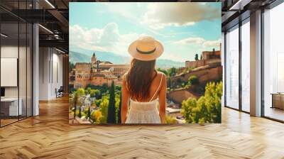 Beautiful tourist young woman walking in Granada city street on summer, Spain, tourism travel holiday vacations concept in Europe Wall mural