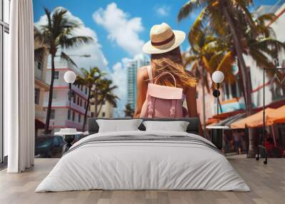 Beautiful tourist young woman walking in Miami Beach city street in Florida, USA, tourism travel holiday vacations concept in United States of America Wall mural