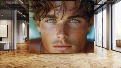 Closeup stunning handsome athletic summer sexy surfer model man with hazel blue eyes and brown hair looking posing on the beach Wall mural