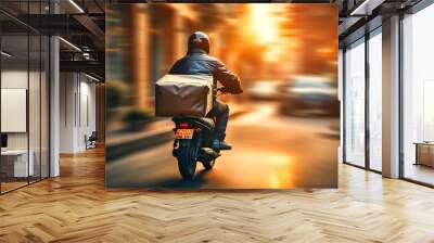 Delivery motorcycle biker rider on blurred motion city traffic at sunset Wall mural