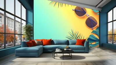 Minimalist summer concept with a palm tree beach sunglasses on blank yellow green background Wall mural