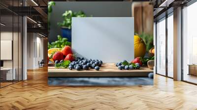 Rectangular blank white empty paper board with vegetables mockup on the kitchen table for text advertising message, space for text, healthy food cooking recipe menu concept Wall mural