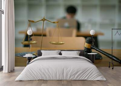 Lawyer hammer and golden scales of justice on money legal concept Wall mural