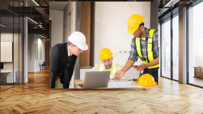 Meeting engineers or architects for projects, working with partners and engineering tools to create workplace models and blueprints. construction concept Wall mural