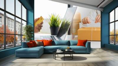 Starting a home box business, preparing parcels in the SME supply chain, omnichannel purchasing or online selling ideas. Wall mural