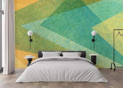 Abstract modern background in blue green and orange colors and contemporary triangle square and block shapes layered in random geometric art pattern with fine texture Wall mural