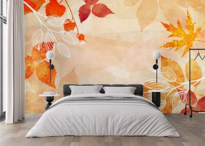 Autumn background watercolor painting, leaves in red yellow and white abstract minimal outline design, painted fall leaves and floral design elements on border texture. Wedding invites, thanksgiving Wall mural