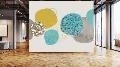 Blue gold and gray brown modern abstract background with circle watercolor blobs and blotches with speckled spatter dots and spots in black and gold art pattern in mid century circles style design Wall mural