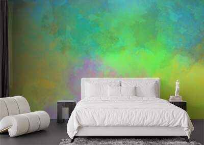 Colorful digital watercolor background of abstract sunset sky with puffy clouds in bright colors of pink green blue yellow orange and purple Wall mural