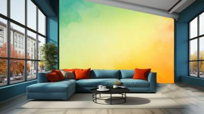 Colorful watercolor background of abstract sunset sky with paint blotches and soft blurred texture in blue green yellow beige and orange border in gradient paint colors  Wall mural