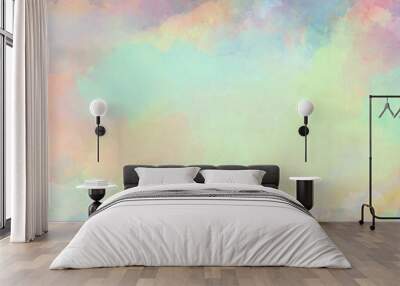 Colorful watercolor background of abstract sunset sky with puffy clouds in bright rainbow colors of pink green blue yellow and purple Wall mural