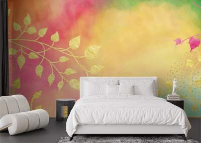 Floral background, gold vines, leaves and flower stems on border of colorful background, minimal plant outlines Wall mural