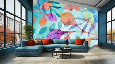 Floral background with watercolor leaves, abstract background with texture and botanical pattern in blue orange purple green and red colors, colorful floral background Wall mural