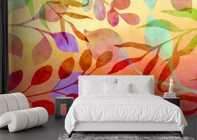 Floral background with watercolor leaves, abstract background with texture and botanical pattern in red orange purple blue green and yellow colors, colorful autumn floral background Wall mural