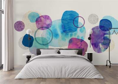 Modern abstract background, blue gold green purple and pink watercolor blobs and blotches with speckled spatter dots and spots in black and gold art pattern in mid century circles style design Wall mural