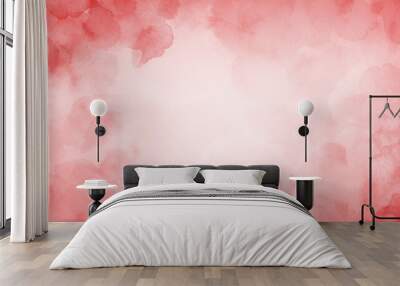 Red watercolor background with abstract border design, painted red and pink blotches and blobs in abstract cloudy and foggy white center illustration Wall mural