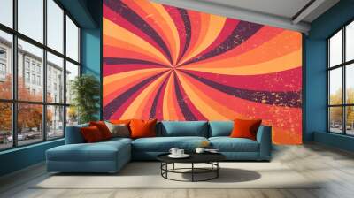 retro starburst sunburst background pattern and grunge textured vintage autumn color palette of burgundy red pink peach orange yellow and purple brown in spiral or swirled radial striped design Wall mural