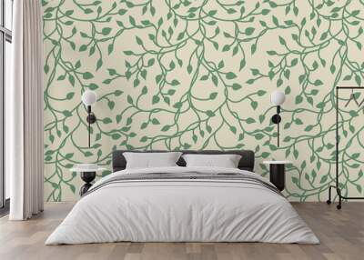 vines and ivy background with climbing leaves in green on a pastel yellow background in a pretty charming random pattern design, hand drawn spring floral wallpaper Wall mural