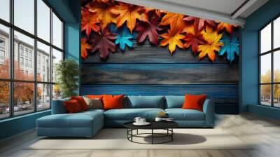 Autumn background layout with leaves on a blue wooden surface. Made with Generative AI Wall mural